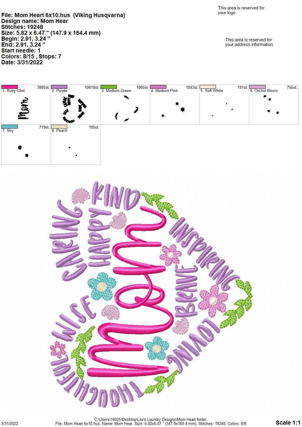 Mom Heart - 3 sizes- Digital Embroidery Design