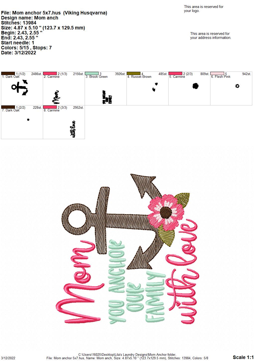 Mom Anchor - 3 sizes- Digital Embroidery Design