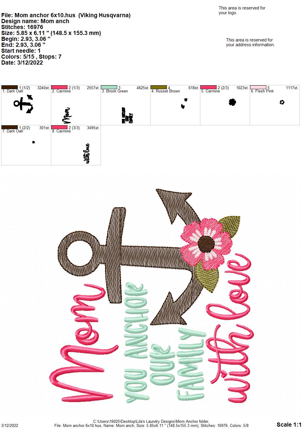 Mom Anchor - 3 sizes- Digital Embroidery Design