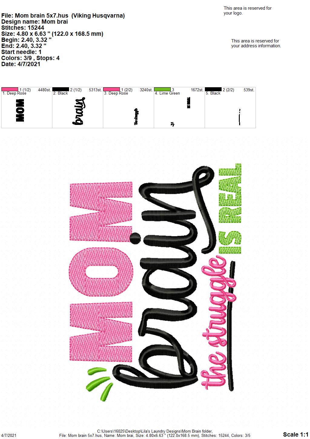 Mom Brain - 3 sizes- Digital Embroidery Design