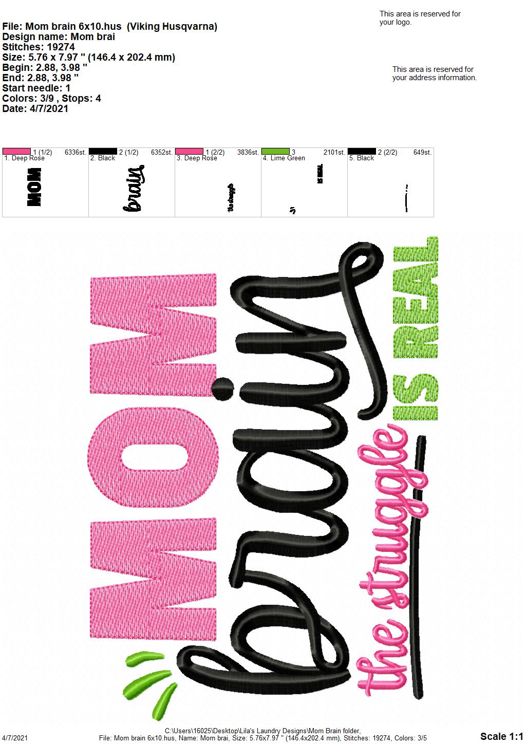 Mom Brain - 3 sizes- Digital Embroidery Design