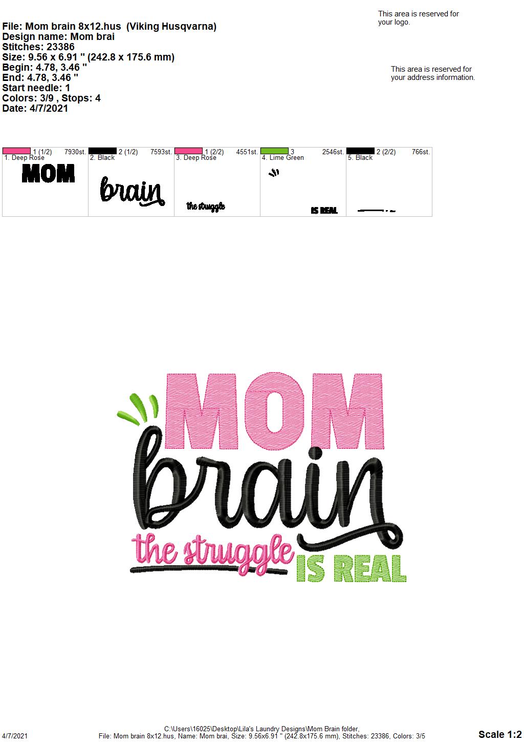 Mom Brain - 3 sizes- Digital Embroidery Design