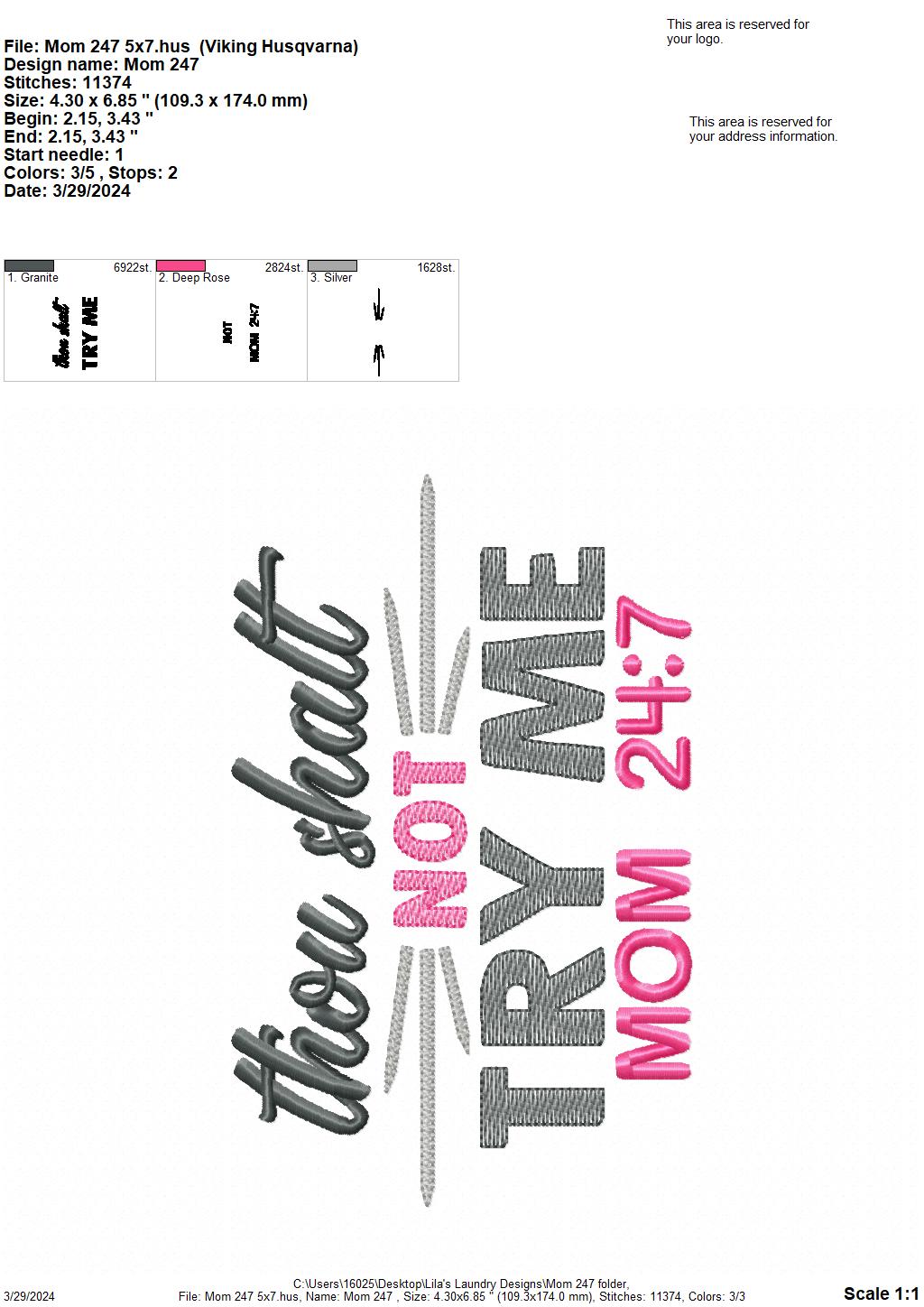 Mom 24:7 - 4 Sizes - Digital Embroidery Design