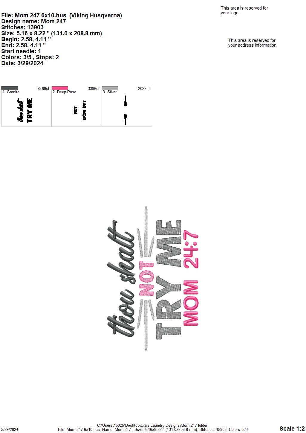 Mom 24:7 - 4 Sizes - Digital Embroidery Design