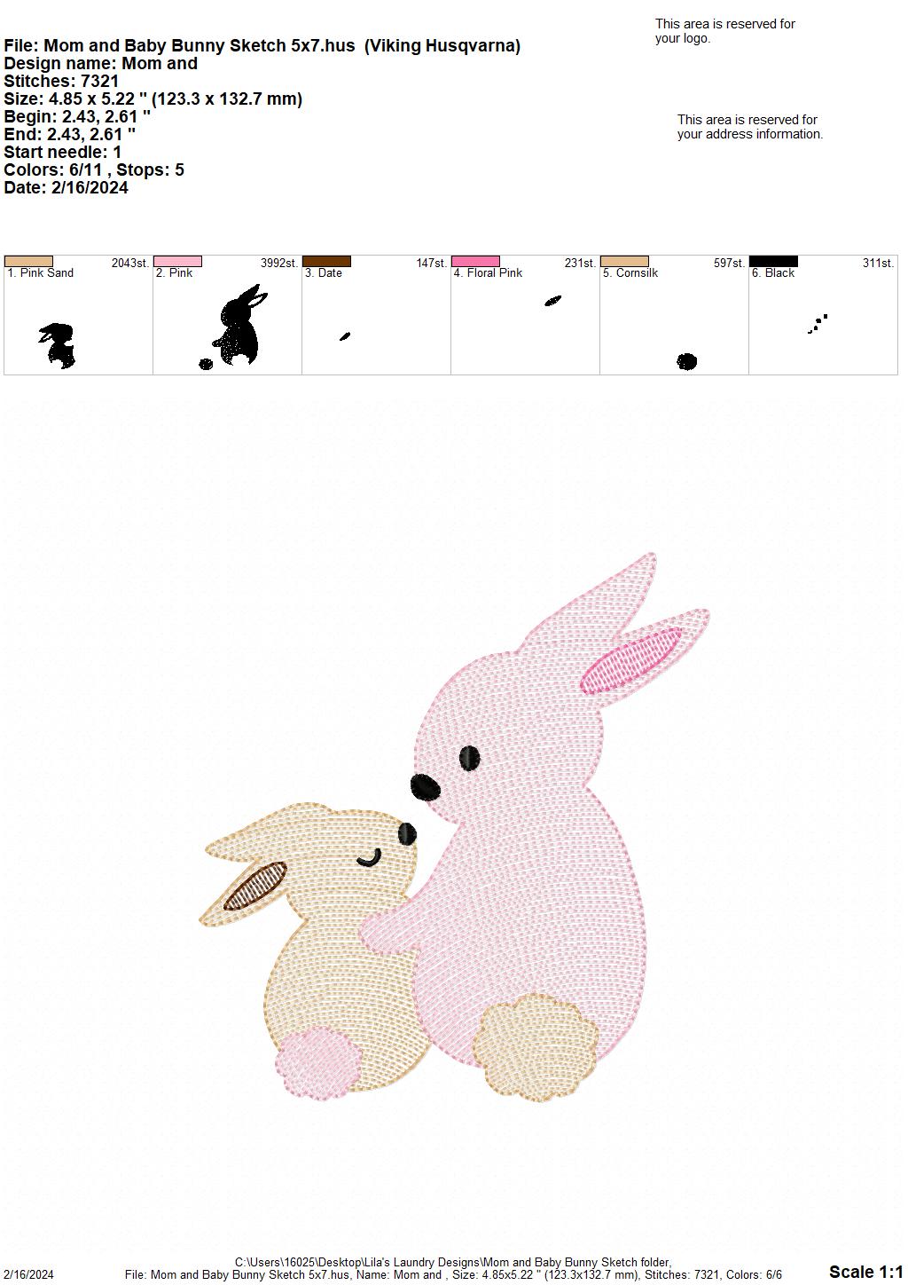 Mom & Baby Bunny Sketch - 4 Sizes - Digital Embroidery Design