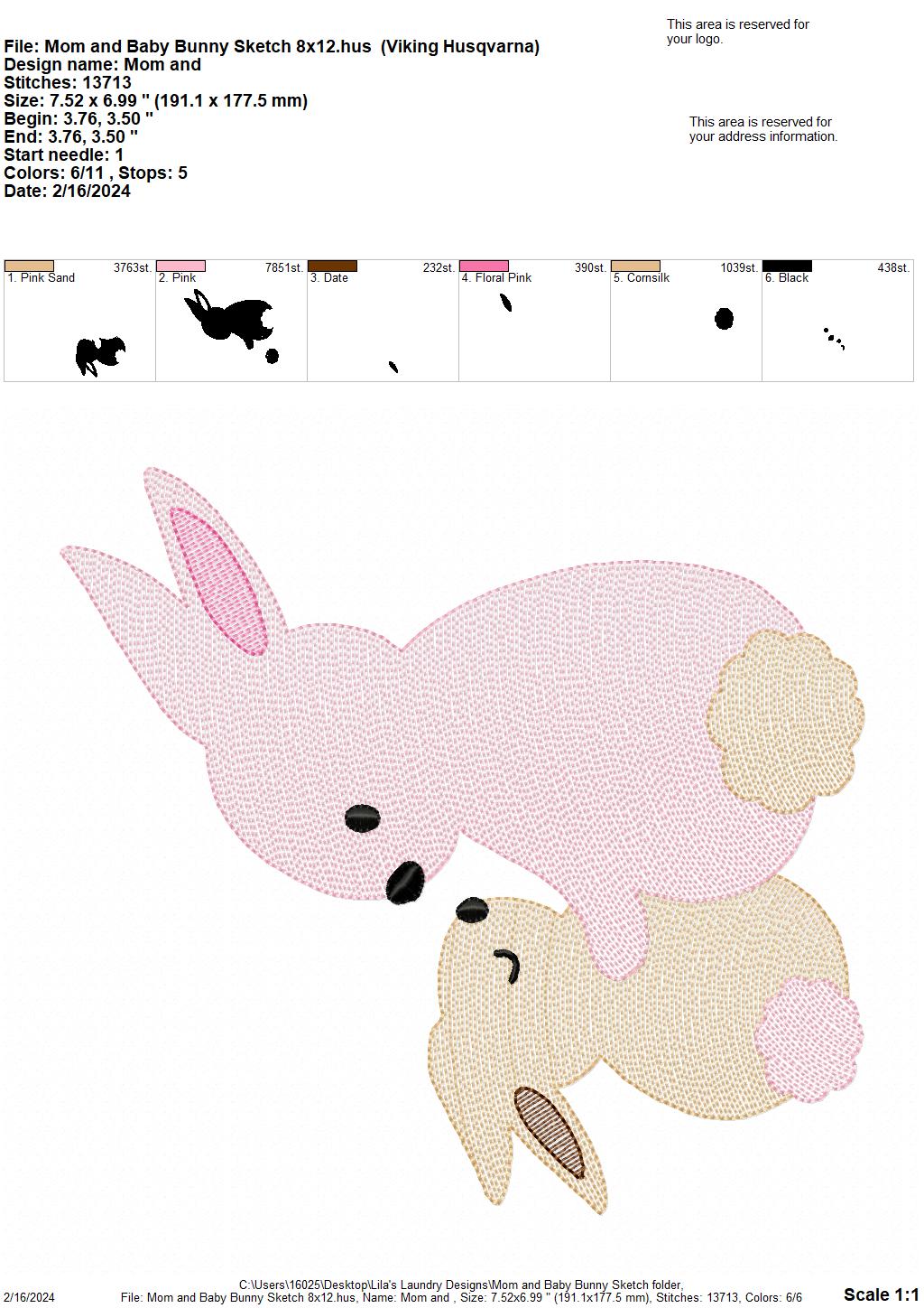 Mom & Baby Bunny Sketch - 4 Sizes - Digital Embroidery Design