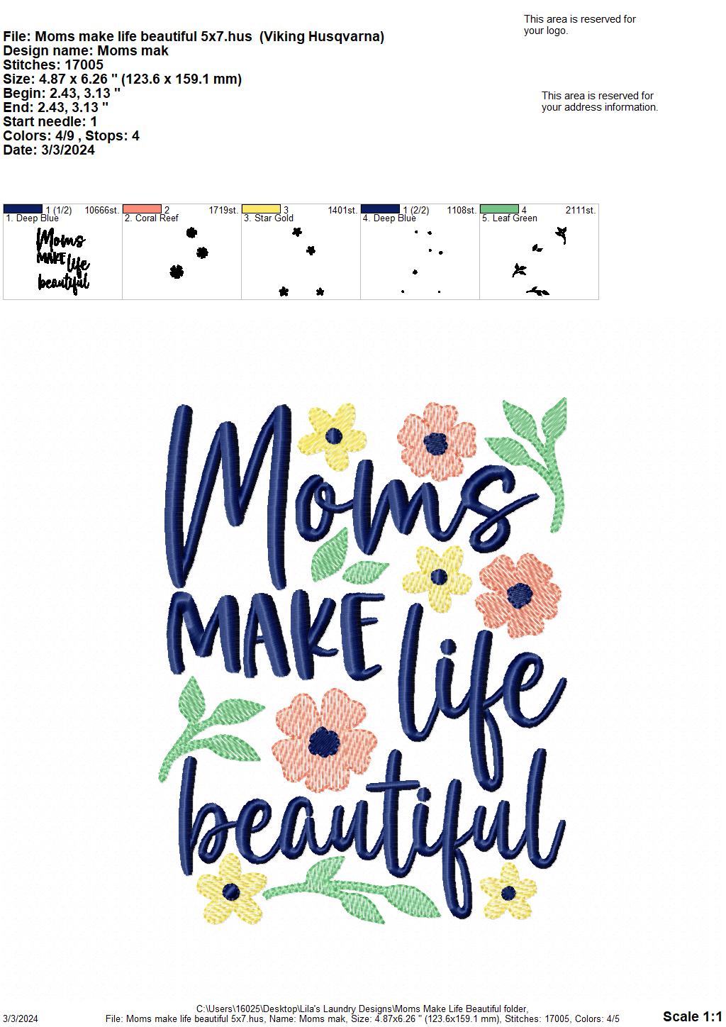 Moms Make Life Beautiful - 3 Sizes - Digital Embroidery Design