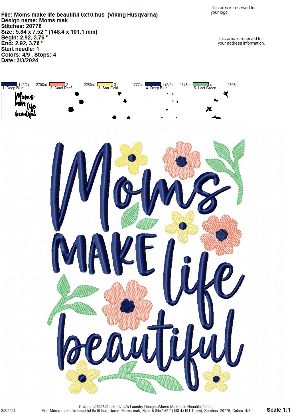 Moms Make Life Beautiful - 3 Sizes - Digital Embroidery Design