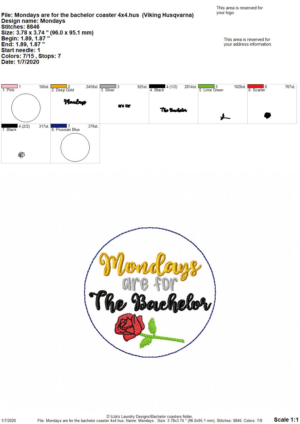 Bachelor coaster set - DIGITAL Embroidery DESIGN