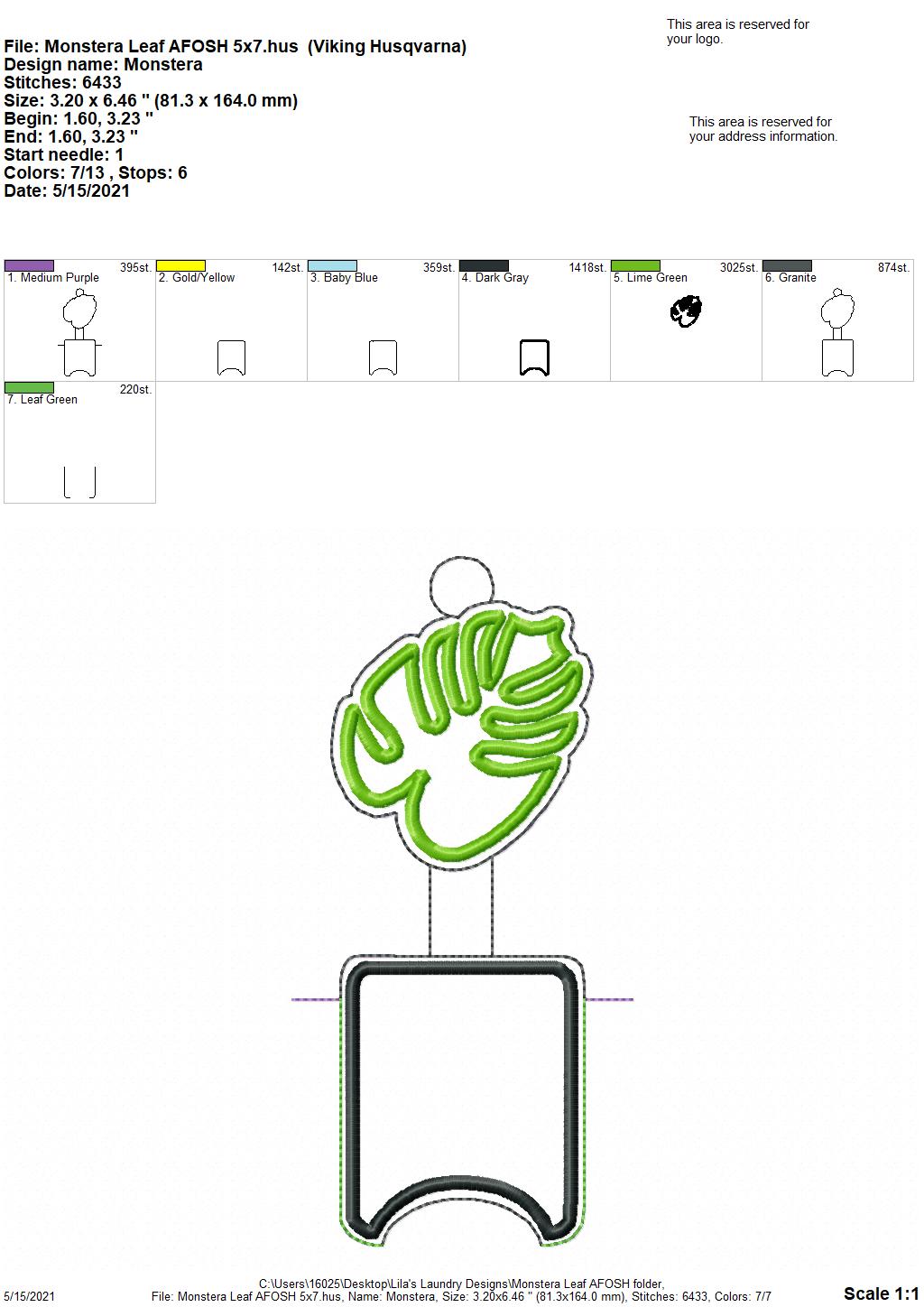 Monstera Leaf Applique Fold Over Sanitizer Holder 5x7- DIGITAL Embroidery DESIGN