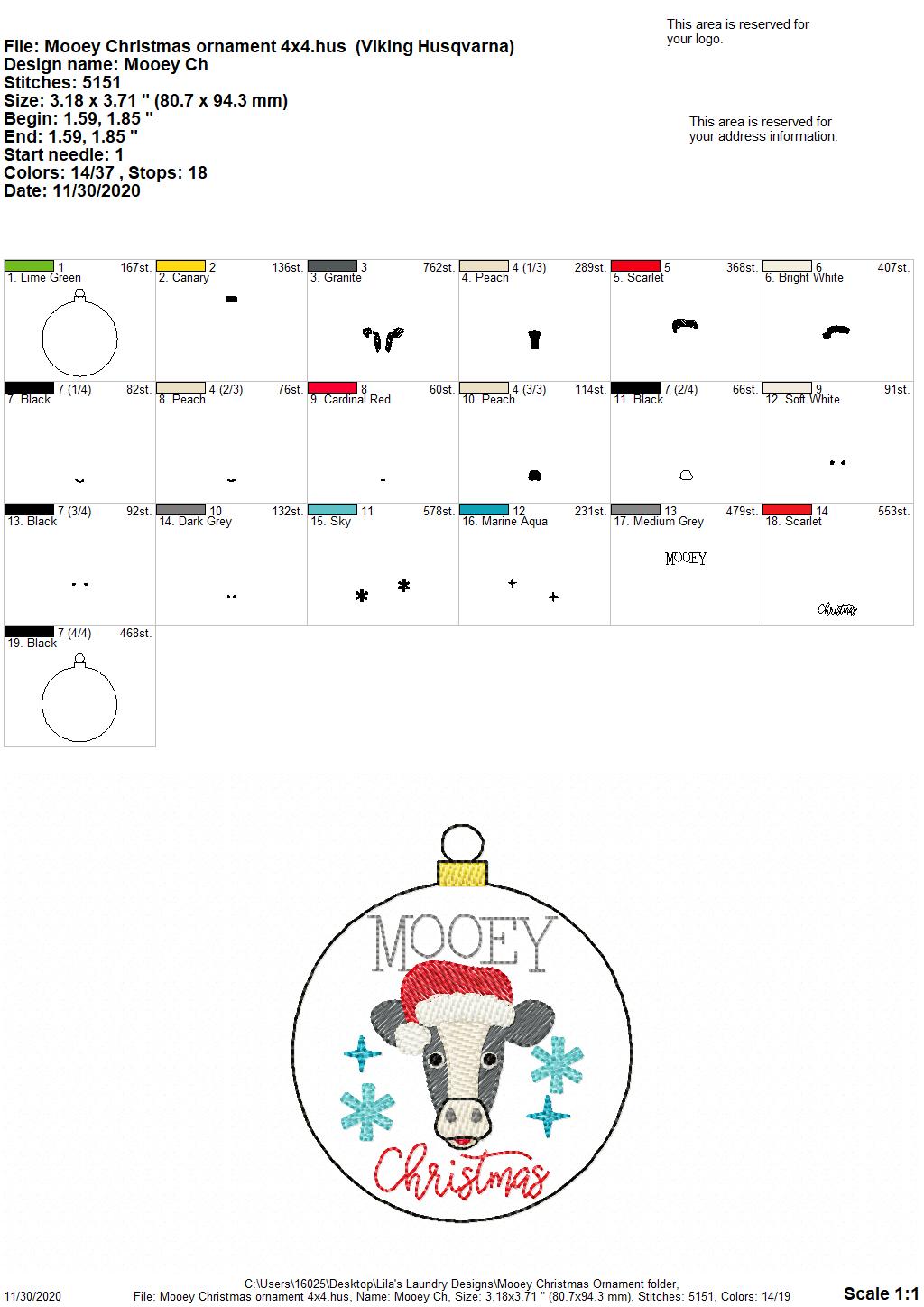 Mooey Christmas Ornament - Digital Embroidery Design