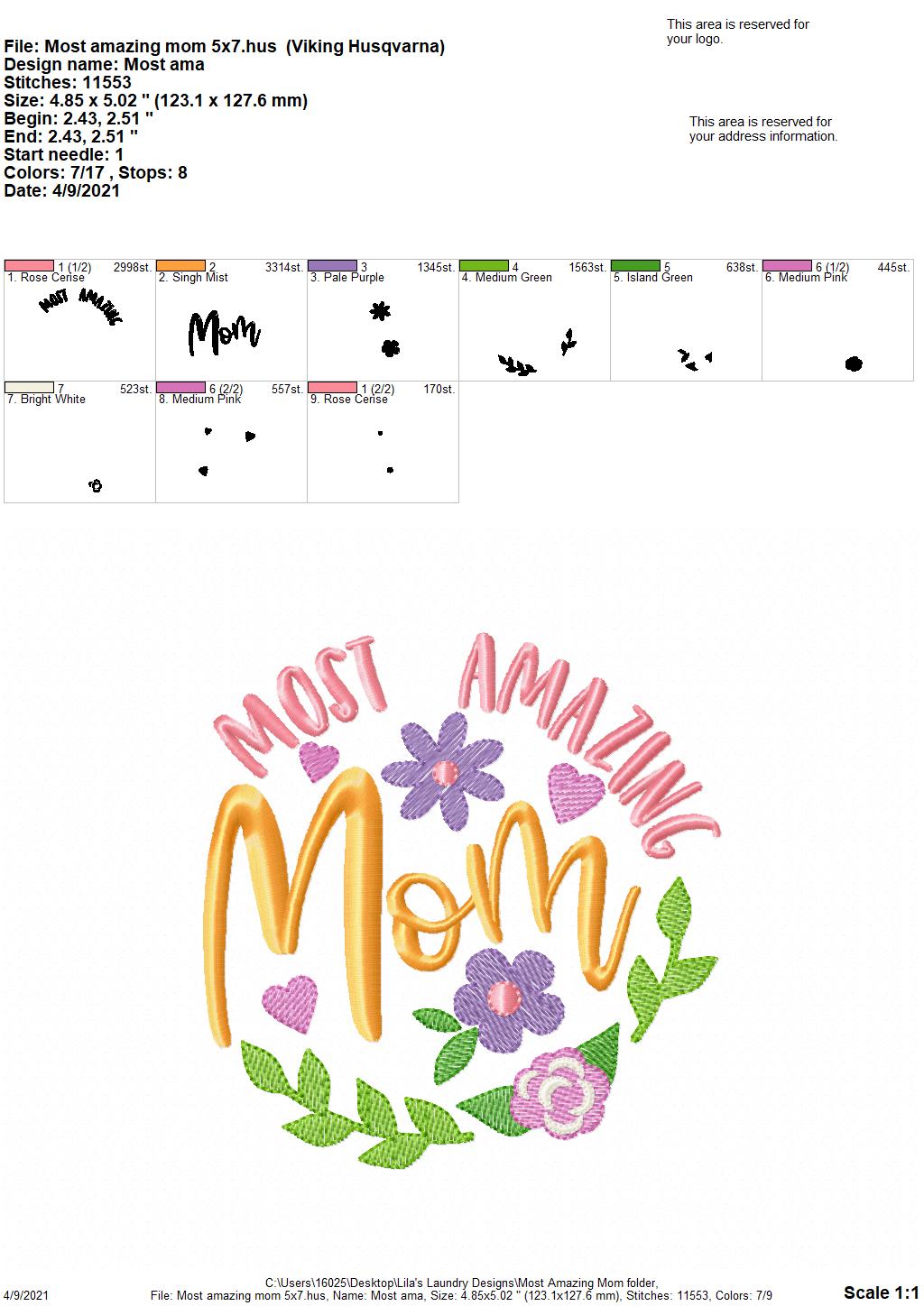 Most Amazing Mom - 3 sizes- Digital Embroidery Design
