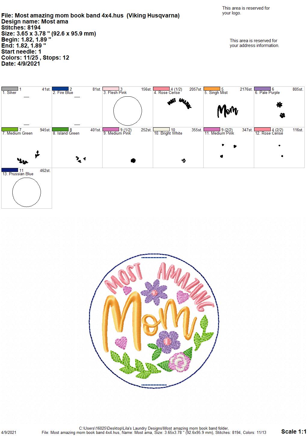 Most Amazing Mom Book Band - Embroidery Design, Digital File