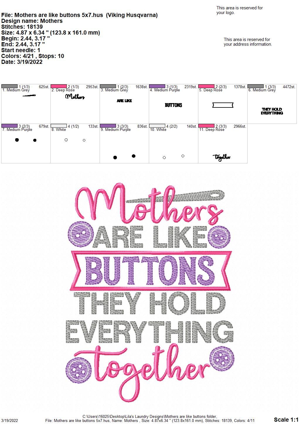 Mothers are like Buttons - 3 sizes- Digital Embroidery Design