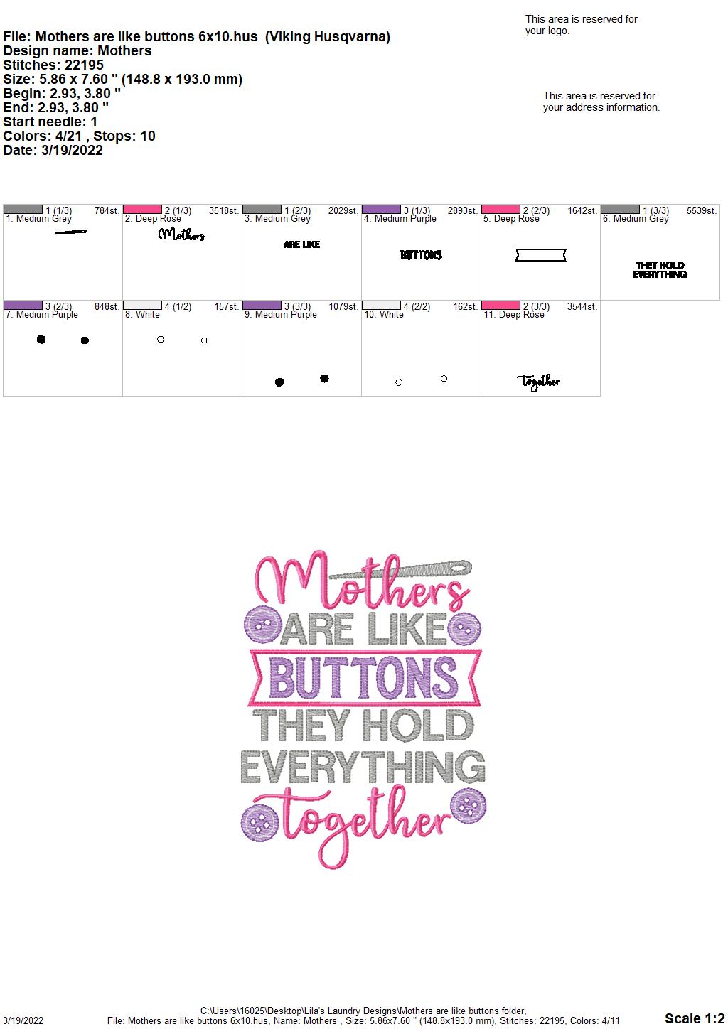 Mothers are like Buttons - 3 sizes- Digital Embroidery Design