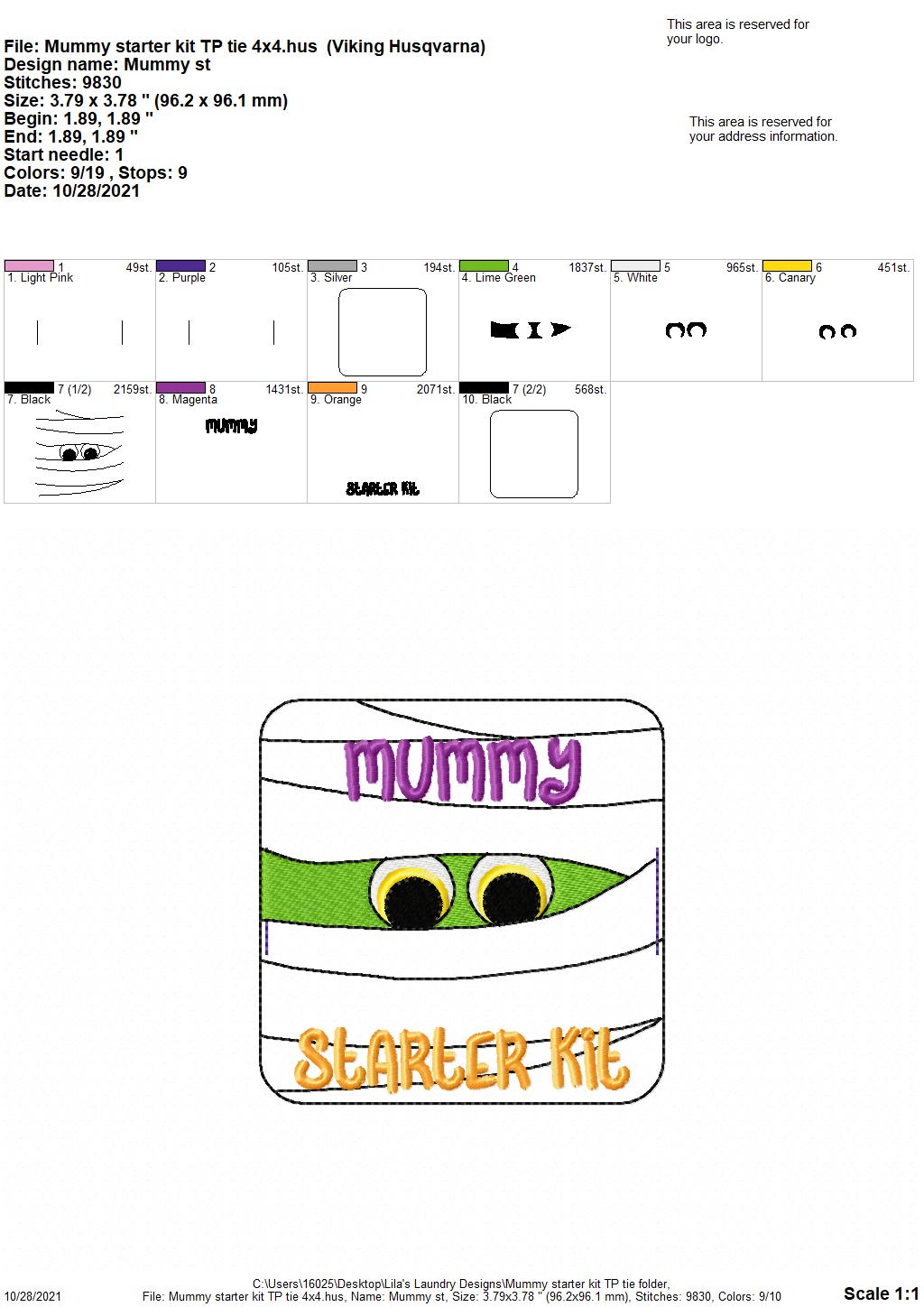 Mummy Stater Kit - TP tie 4x4 - DIGITAL Embroidery DESIGN