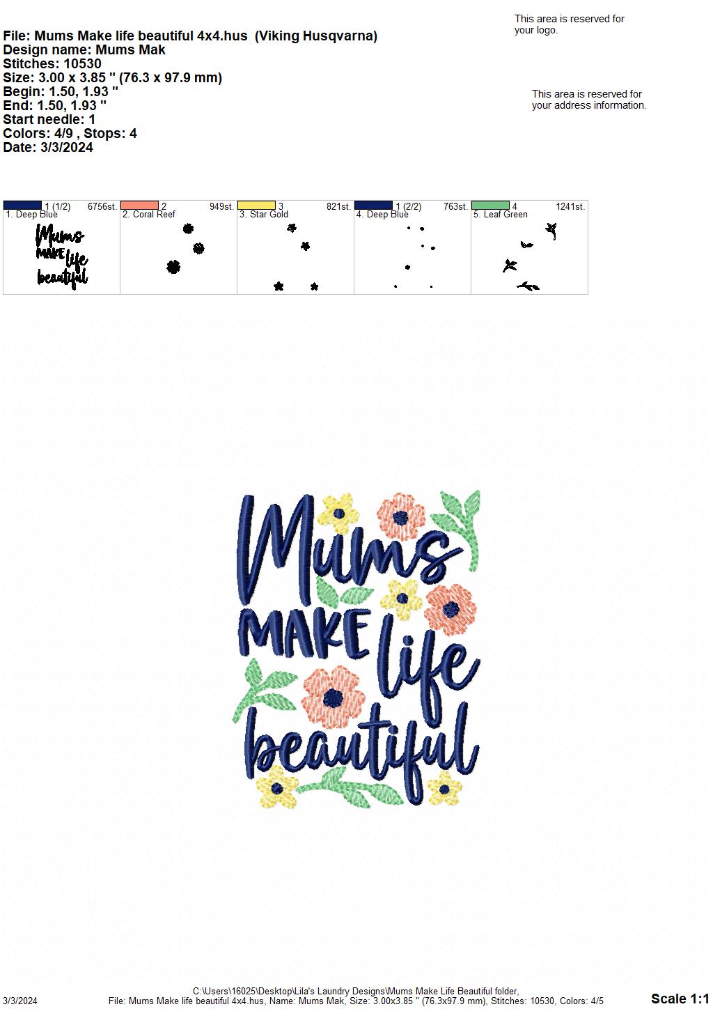 Mums Make Life Beautiful - 3 Sizes - Digital Embroidery Design