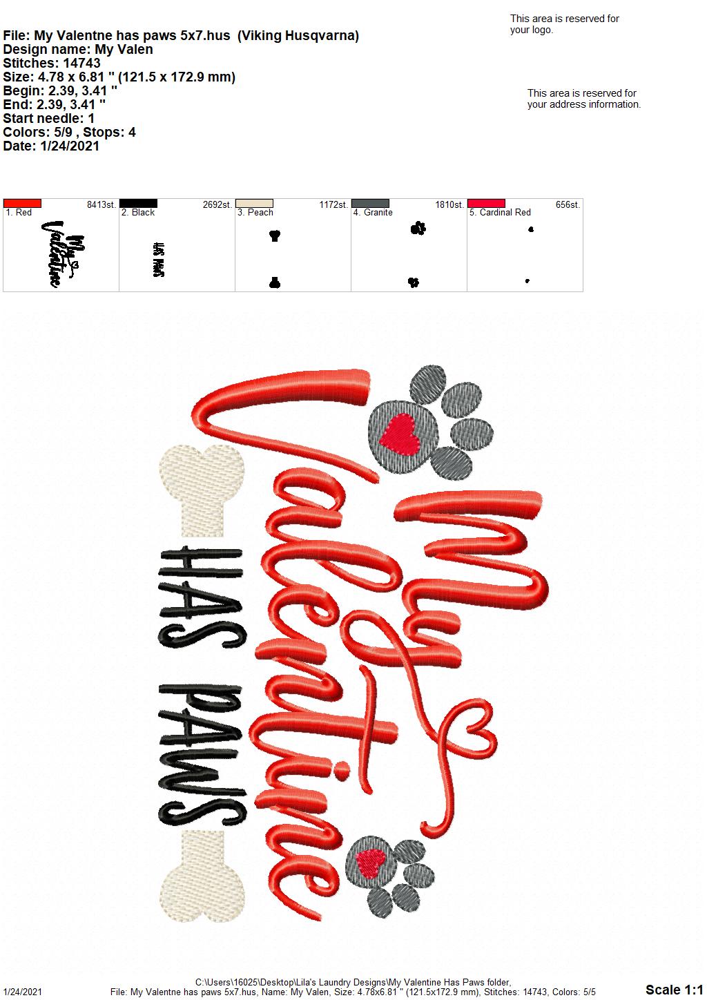 My Valentine Has Paws- 2 sizes- Digital Embroidery Design