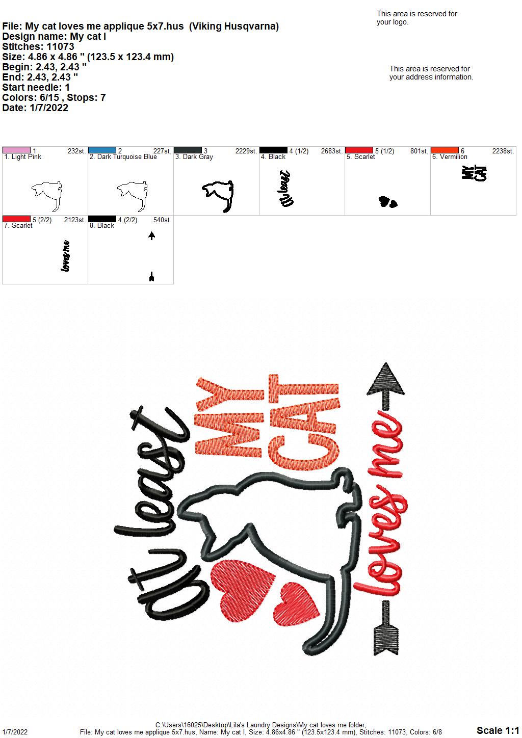 My Cat Loves Me Applique - 3 sizes- Digital Embroidery Design