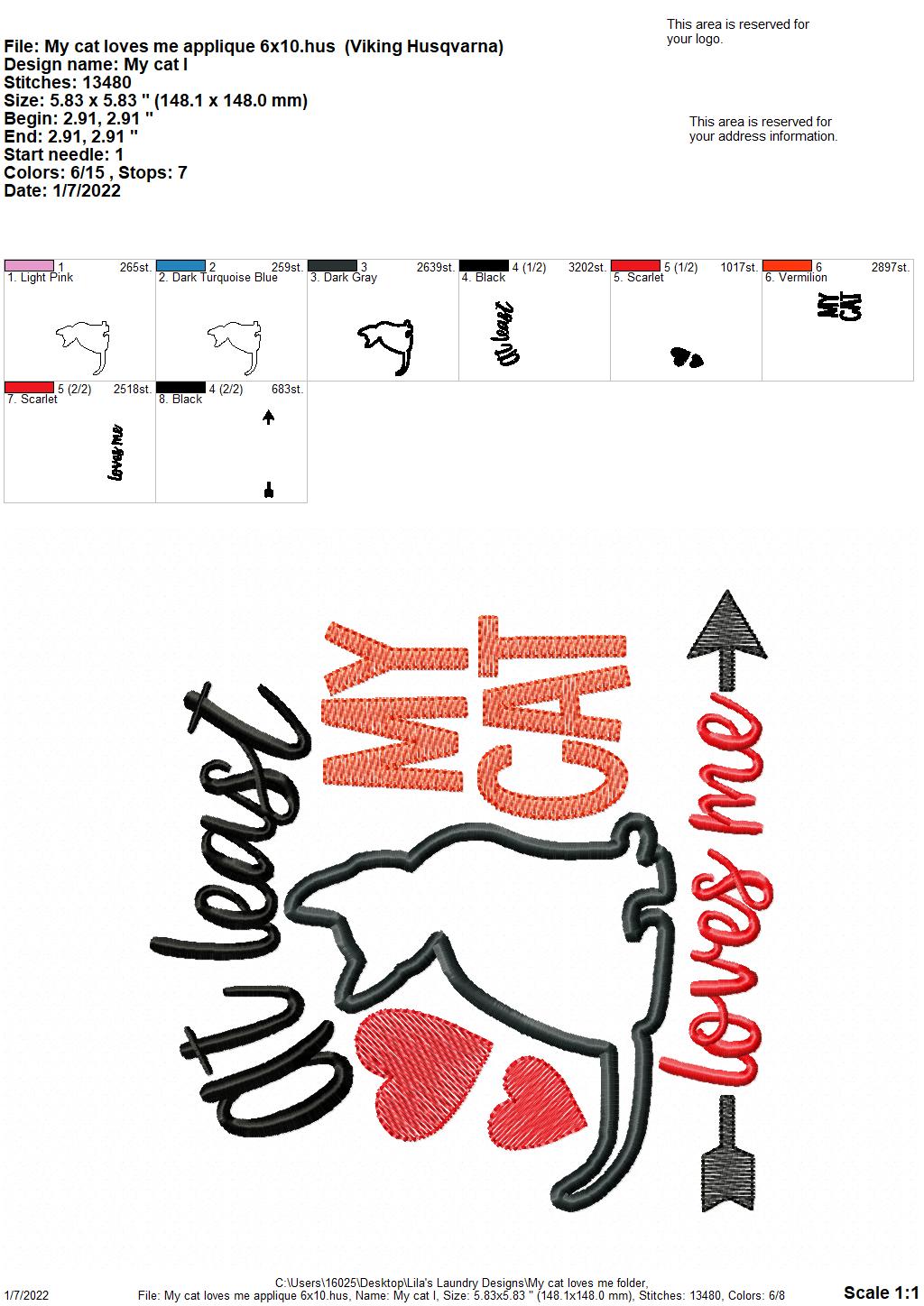 My Cat Loves Me Applique - 3 sizes- Digital Embroidery Design