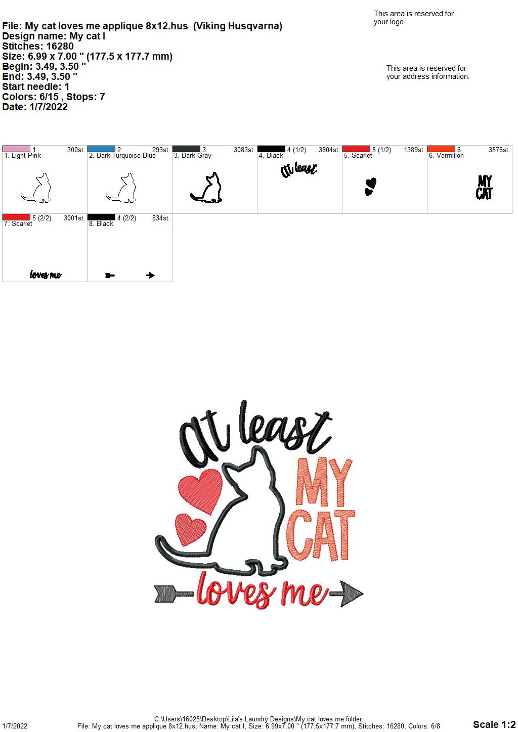 My Cat Loves Me Applique - 3 sizes- Digital Embroidery Design