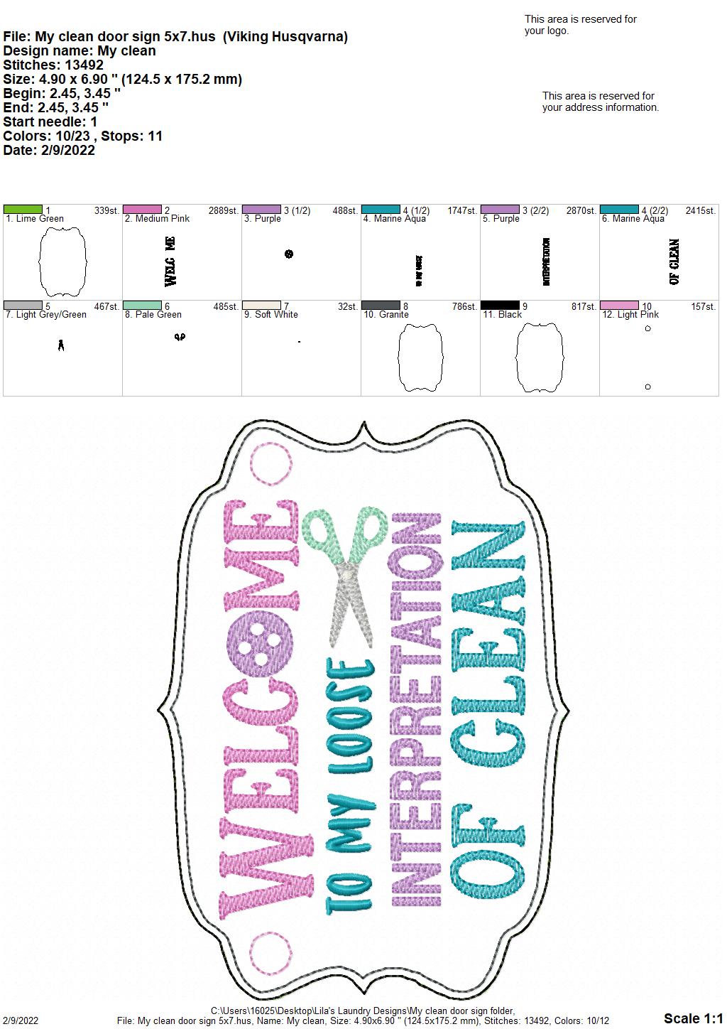 My Clean Door Sign - 3 sizes - Digital Embroidery Design