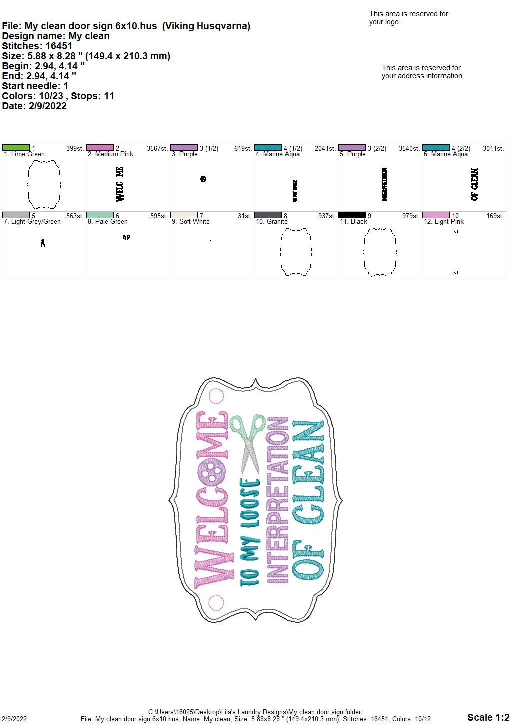 My Clean Door Sign - 3 sizes - Digital Embroidery Design