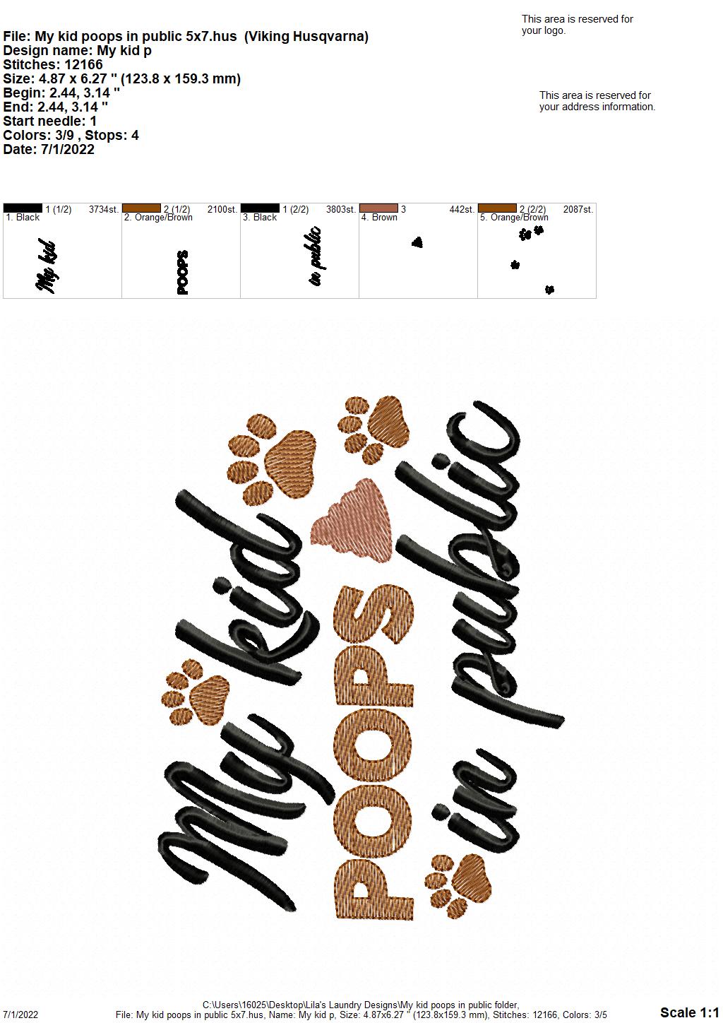My Kid Poops in Public - 3 sizes- Digital Embroidery Design