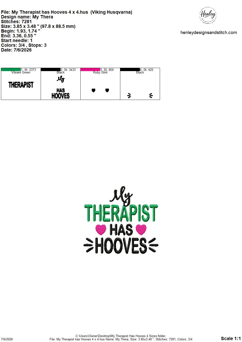 My Therapist Has Hooves – 4 x 4, 5 x 7, 6 x 10 and 8 x 12 – DIGITAL Embroidery Design