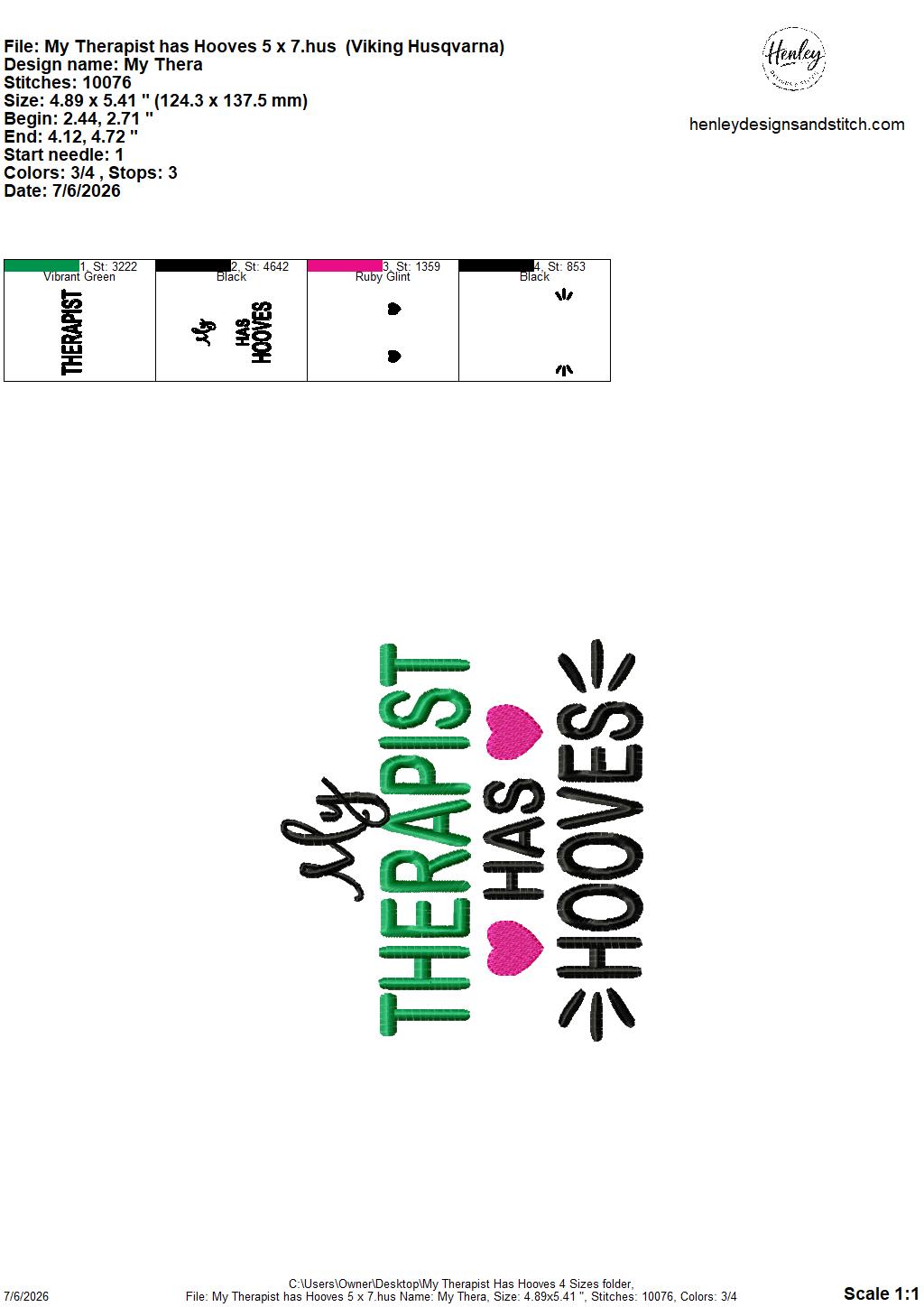 My Therapist Has Hooves – 4 x 4, 5 x 7, 6 x 10 and 8 x 12 – DIGITAL Embroidery Design