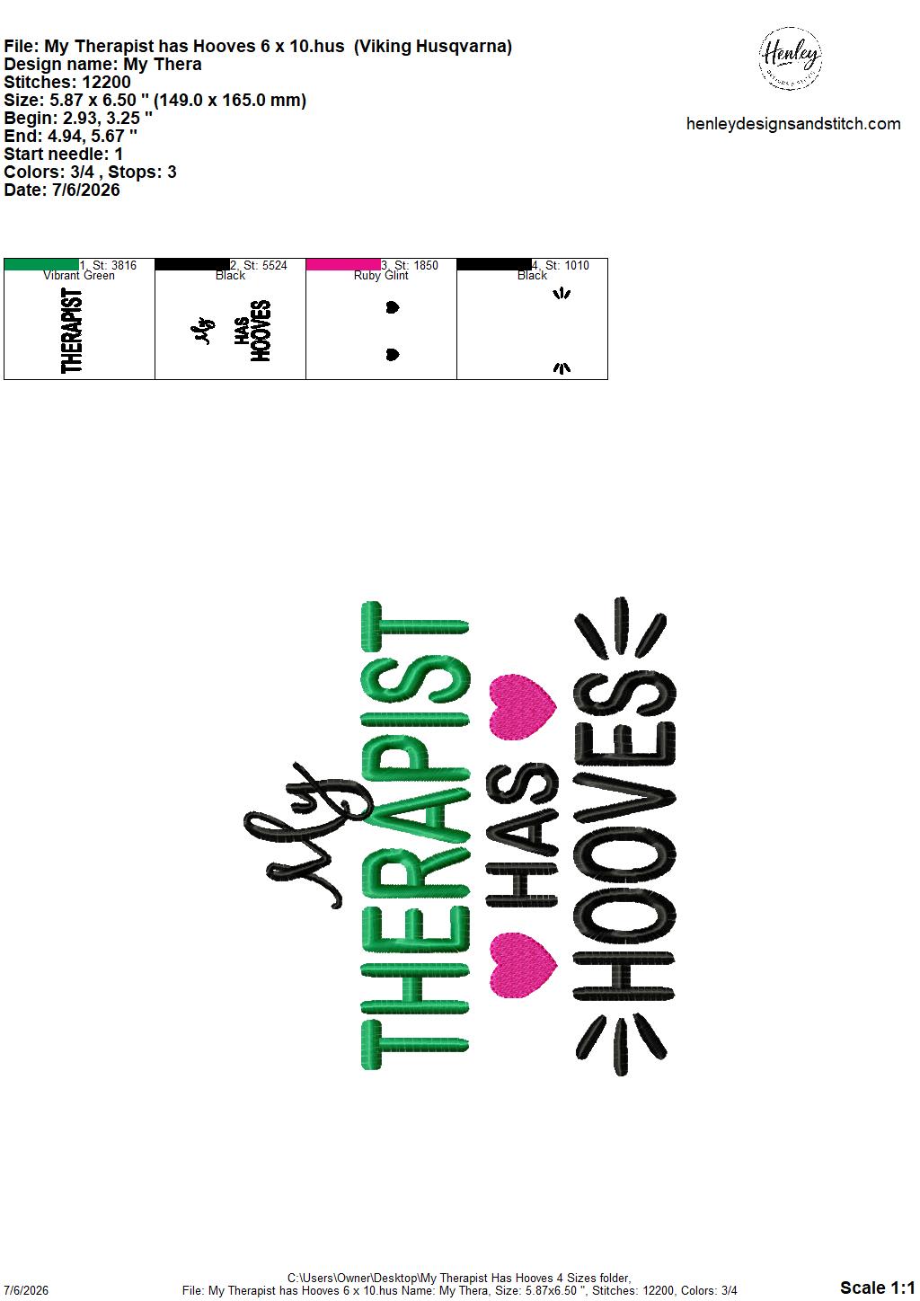 My Therapist Has Hooves – 4 x 4, 5 x 7, 6 x 10 and 8 x 12 – DIGITAL Embroidery Design