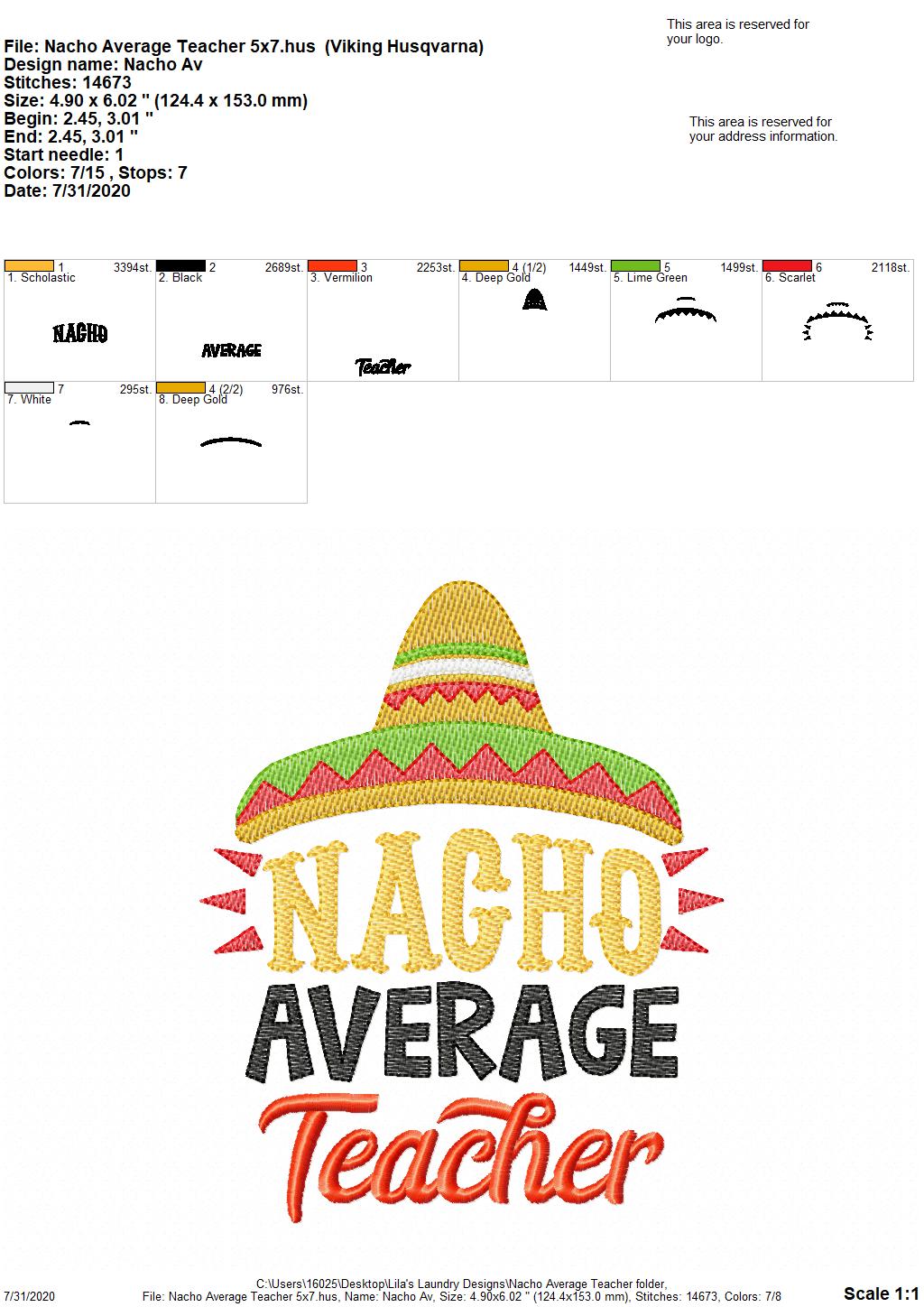 Nacho Average Teacher - 2 Sizes - Digital Embroidery Design