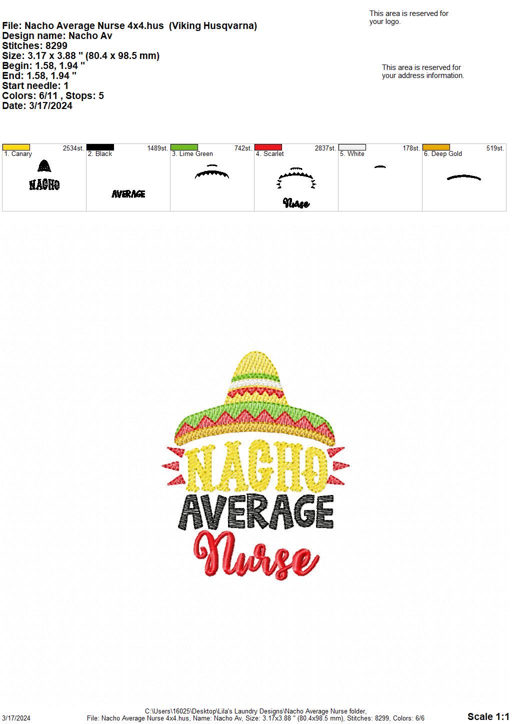 Nacho Average Nurse - 4 Sizes - Digital Embroidery Design