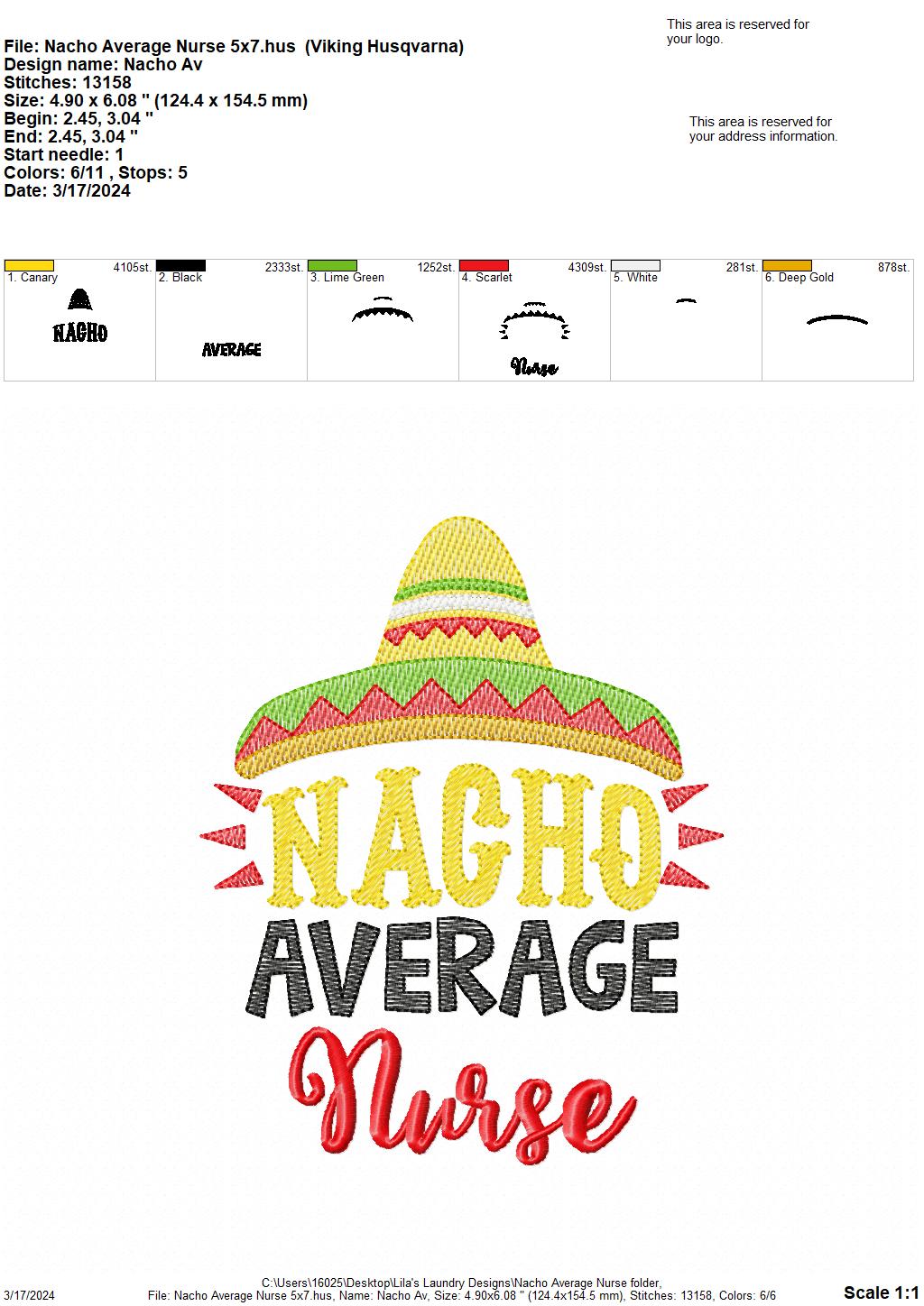 Nacho Average Nurse - 4 Sizes - Digital Embroidery Design