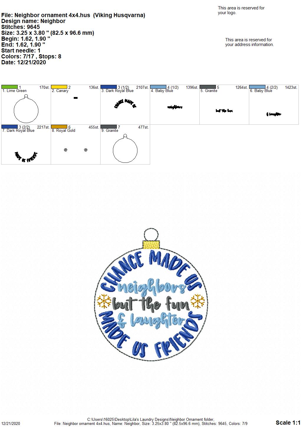 Neighbor Ornament - Digital Embroidery Design