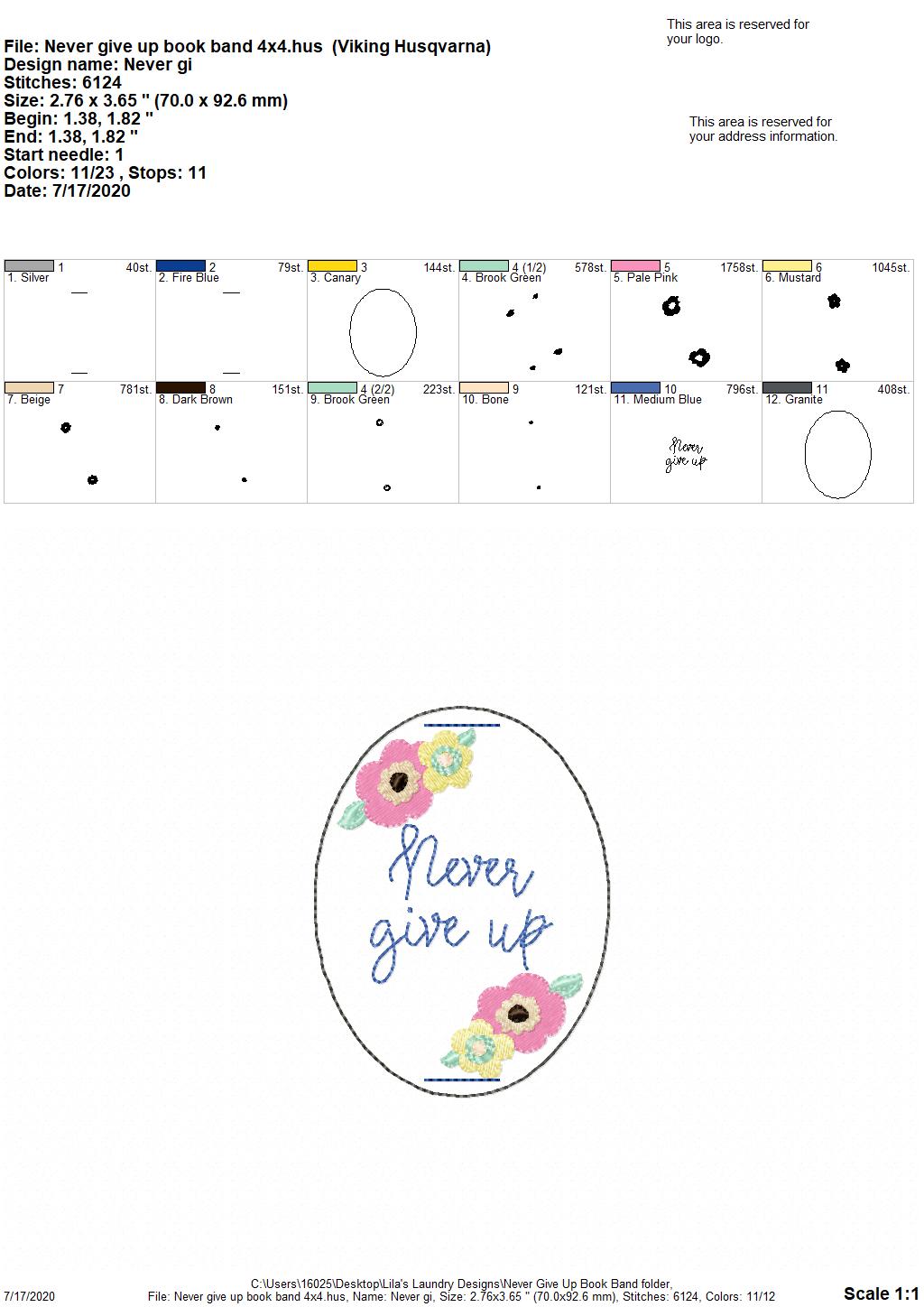 Never Give Up Book Band - Digital Embroidery Design