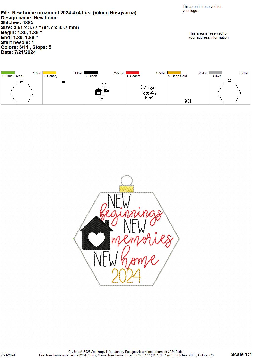 New Home Ornament 2024 - Digital Embroidery Design