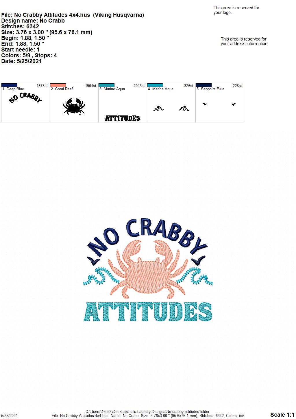 No Crabby Attitudes - 3 sizes- Digital Embroidery Design