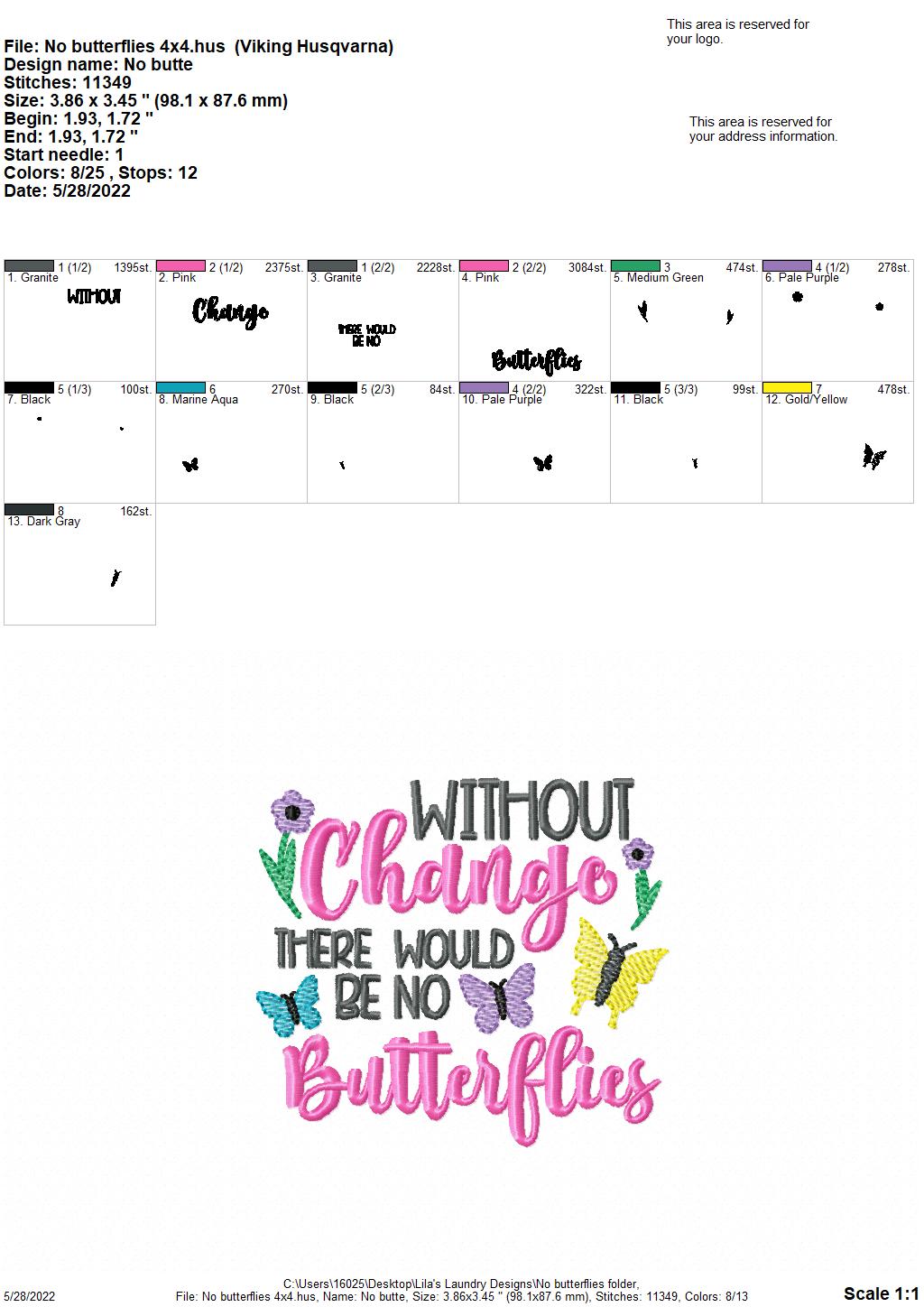 No Butterflies - 4 sizes- Digital Embroidery Design