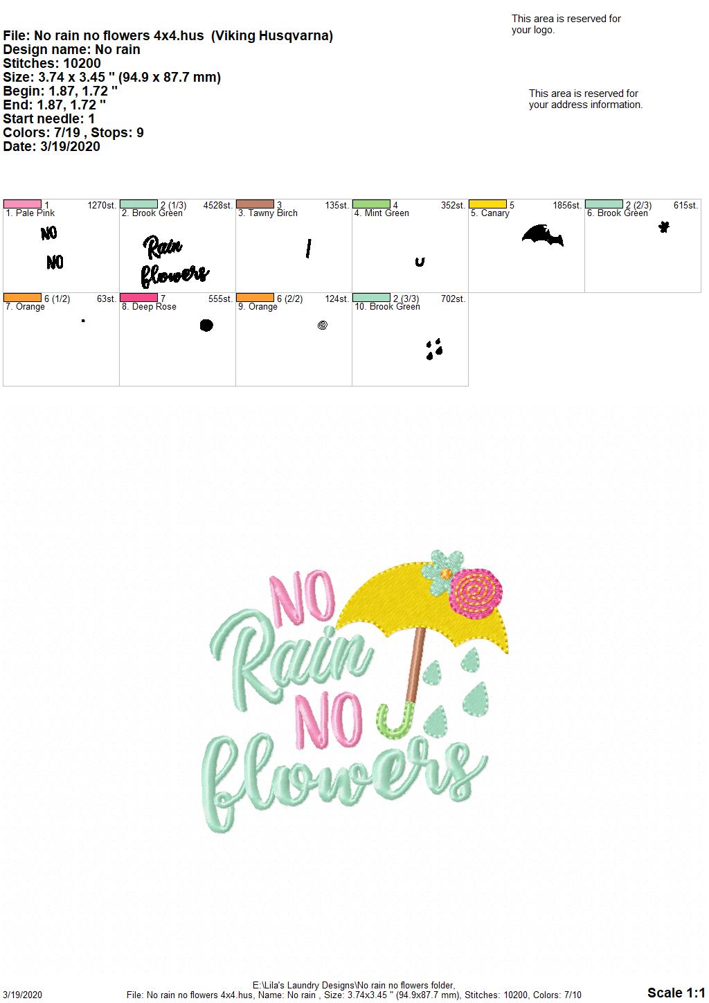 No Rain No Flowers - 3 Sizes - Digital Embroidery Design