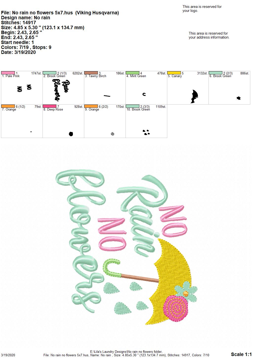 No Rain No Flowers - 3 Sizes - Digital Embroidery Design