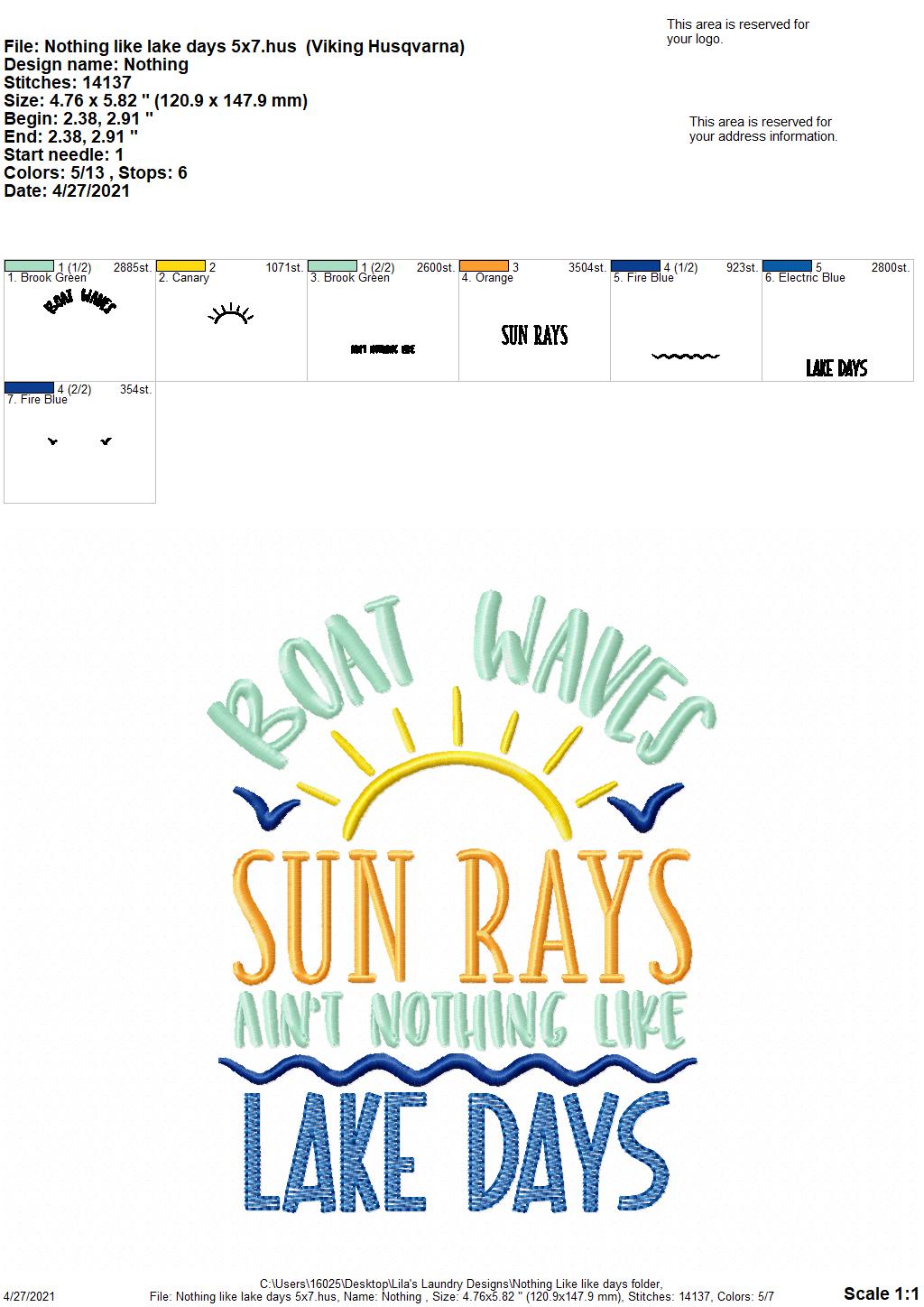 Nothing like lake days - 3 sizes- Digital Embroidery Design