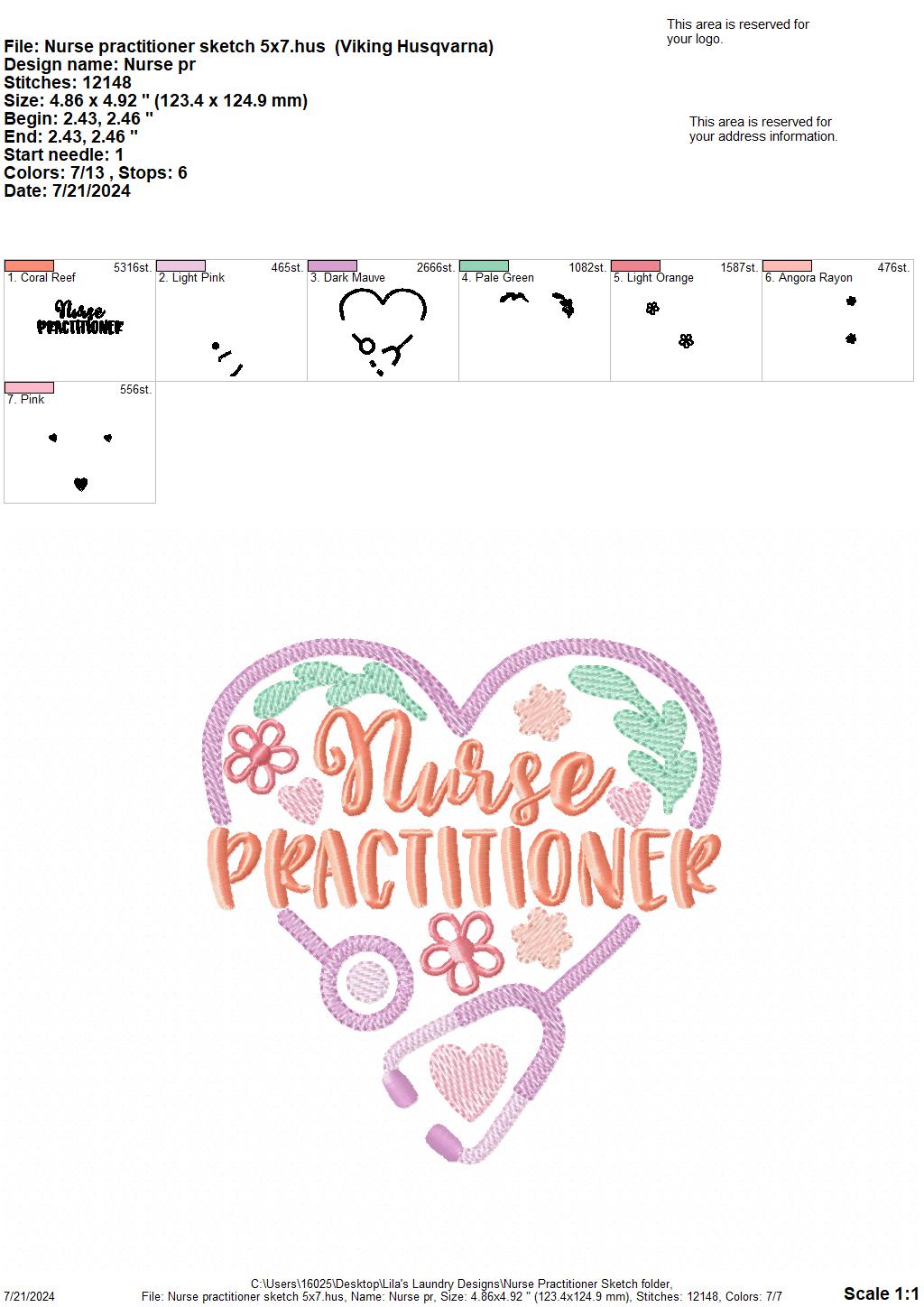 Nurse Practitioner Sketch - 3 Sizes - Digital Embroidery Design