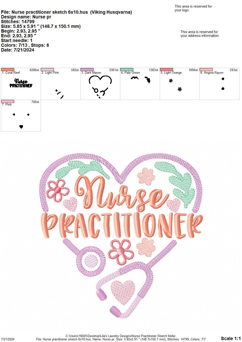 Nurse Practitioner Sketch - 3 Sizes - Digital Embroidery Design