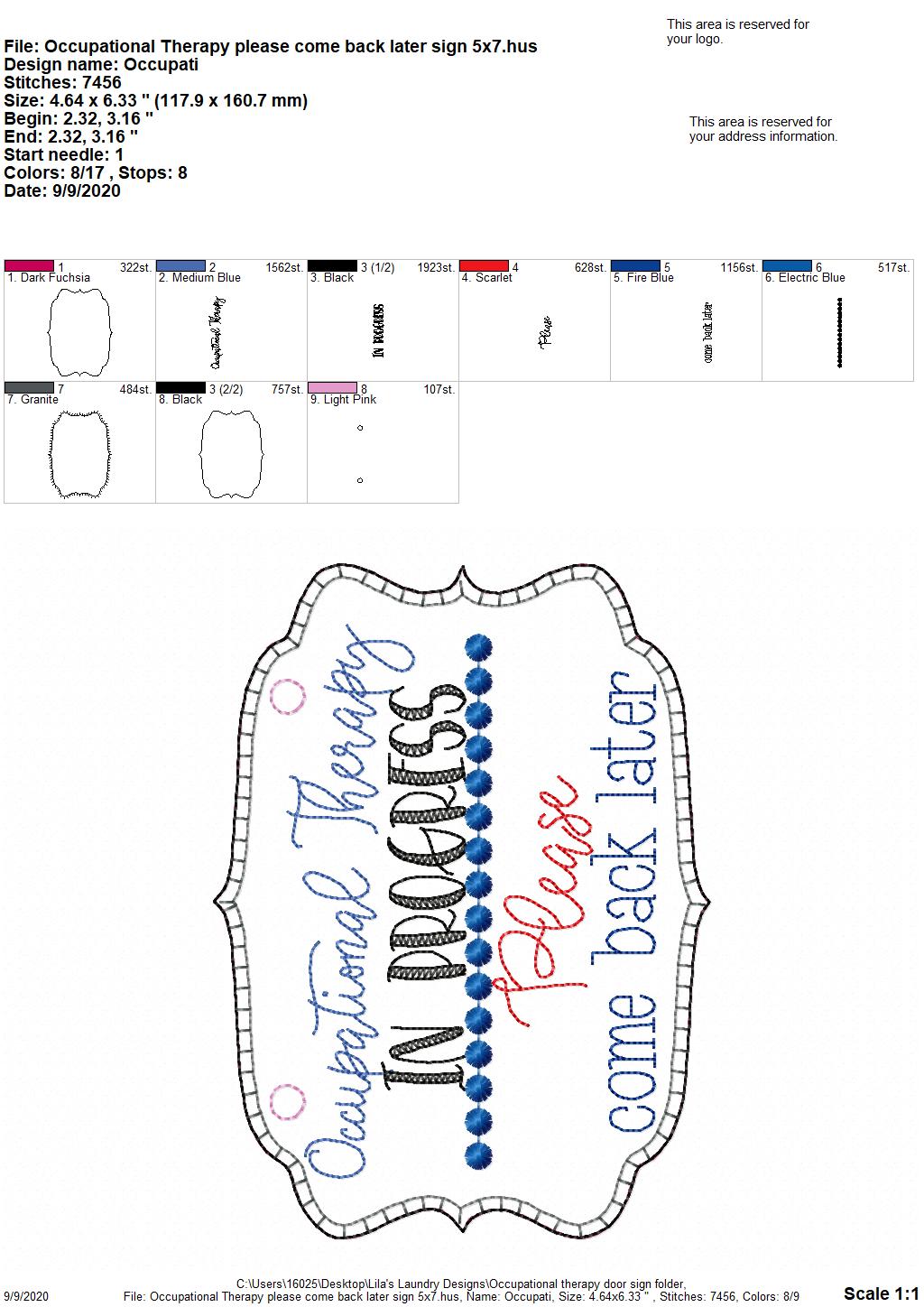 Occupational Therapy Door Hanger - 3 sizes - Digital Embroidery Design