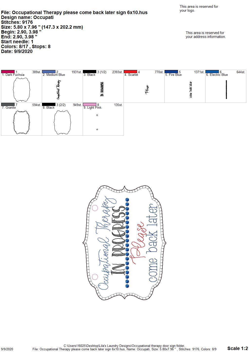 Occupational Therapy Door Hanger - 3 sizes - Digital Embroidery Design
