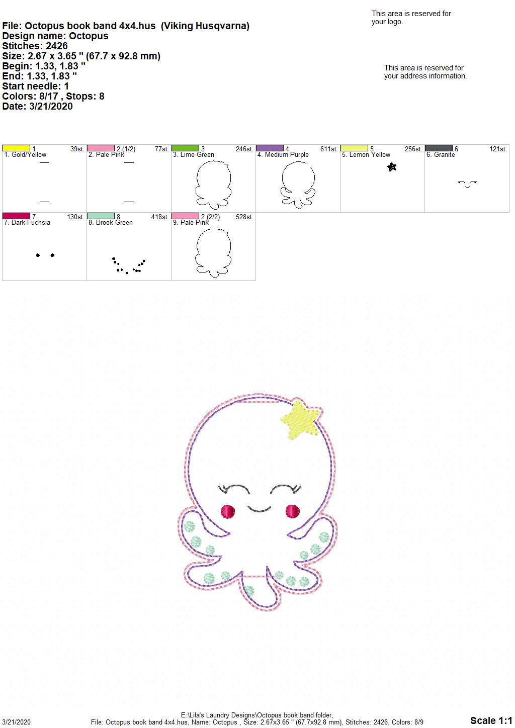 Octopus Book Band - Digital Embroidery Design