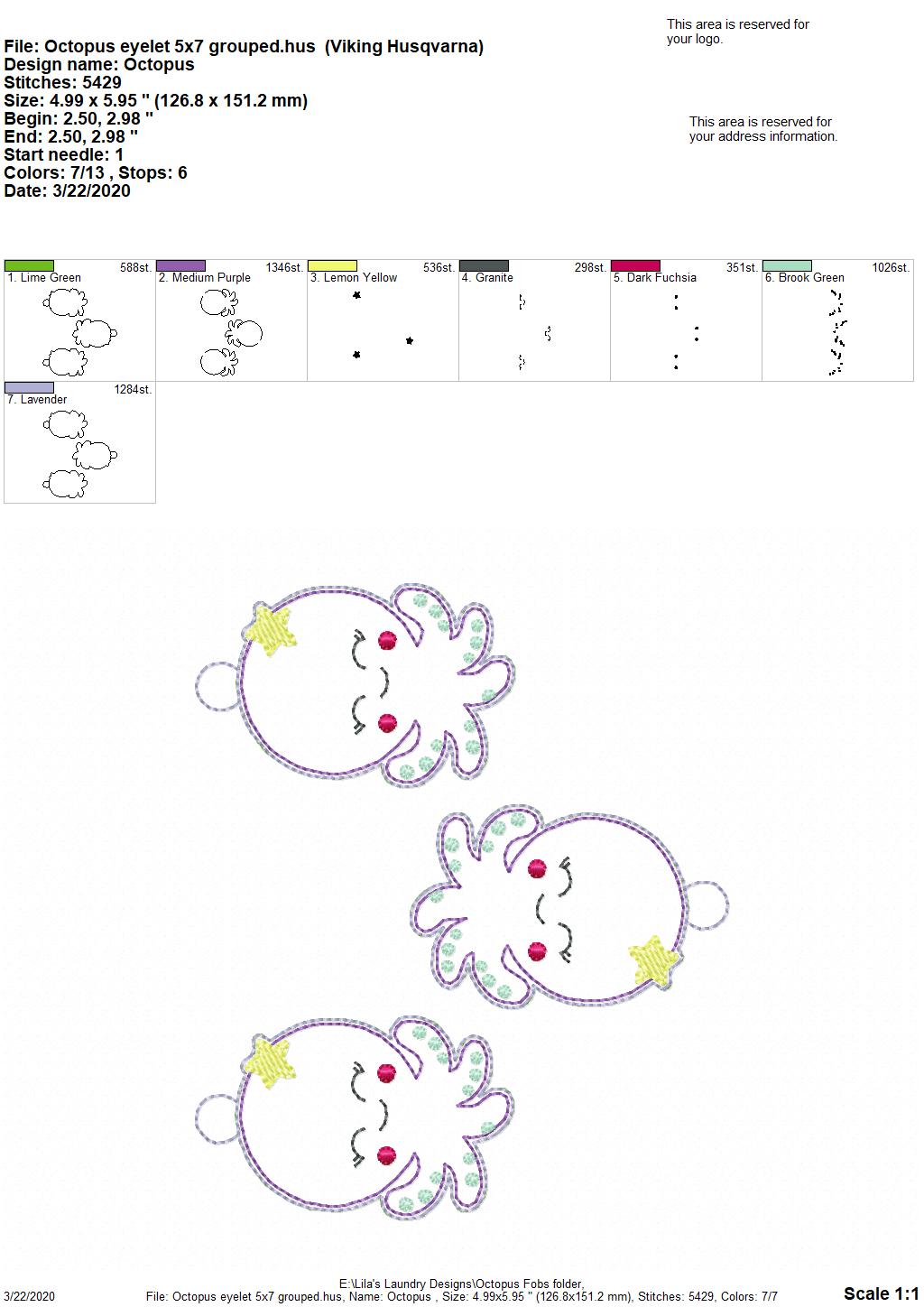 Octopus Tab and eyelet Fobs - DIGITAL Embroidery DESIGN