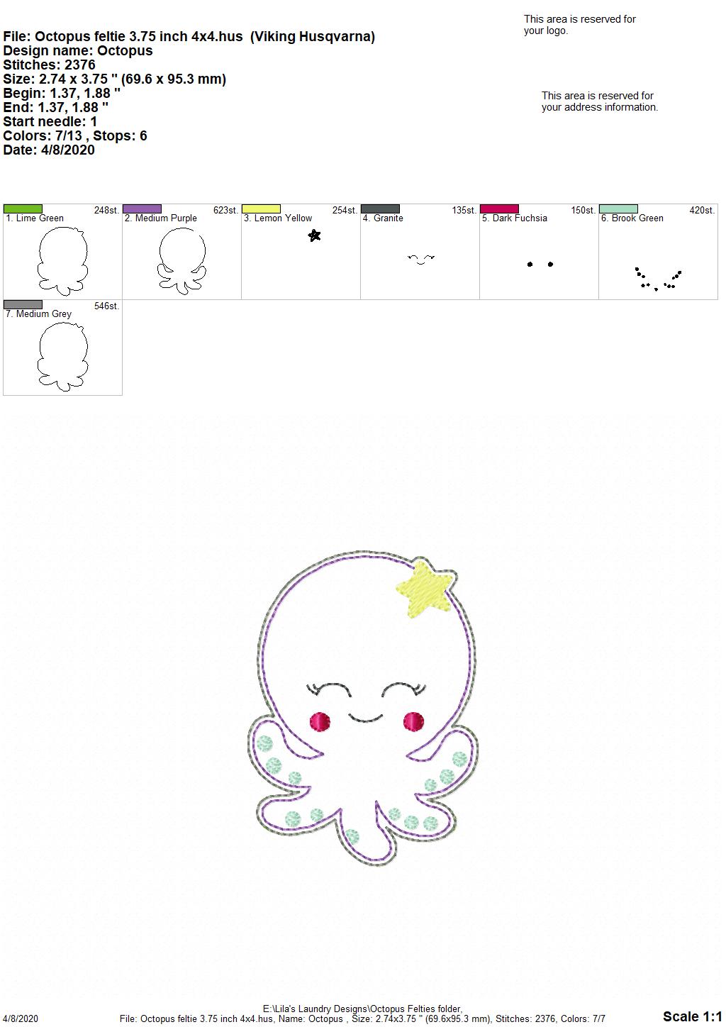 Octopus Felties - 3 sizes - Digital Embroidery Design