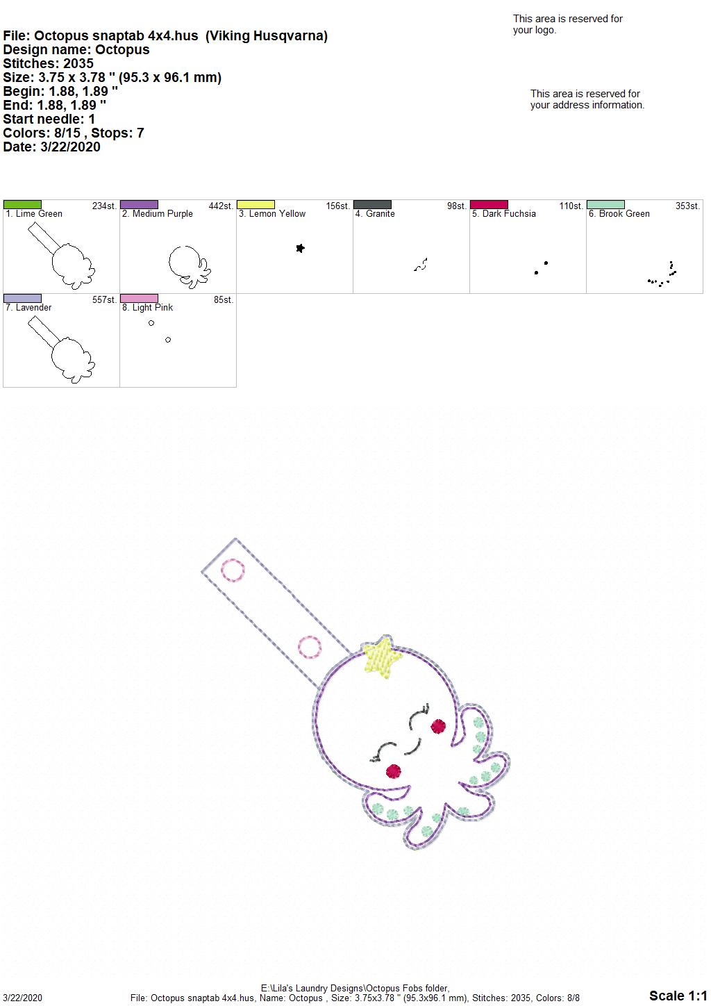 Octopus Tab and eyelet Fobs - DIGITAL Embroidery DESIGN